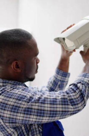 Close-up Of Technician Adjusting CCTV Camera On Wall Close-up Of Technician Adjusting CCTV Camera On Wall